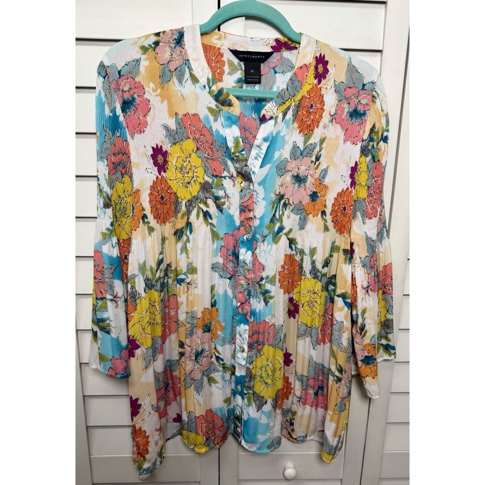 Investments Floral Flare Sleeve Knife Pleat Button Down Chiffon Top Size 1X